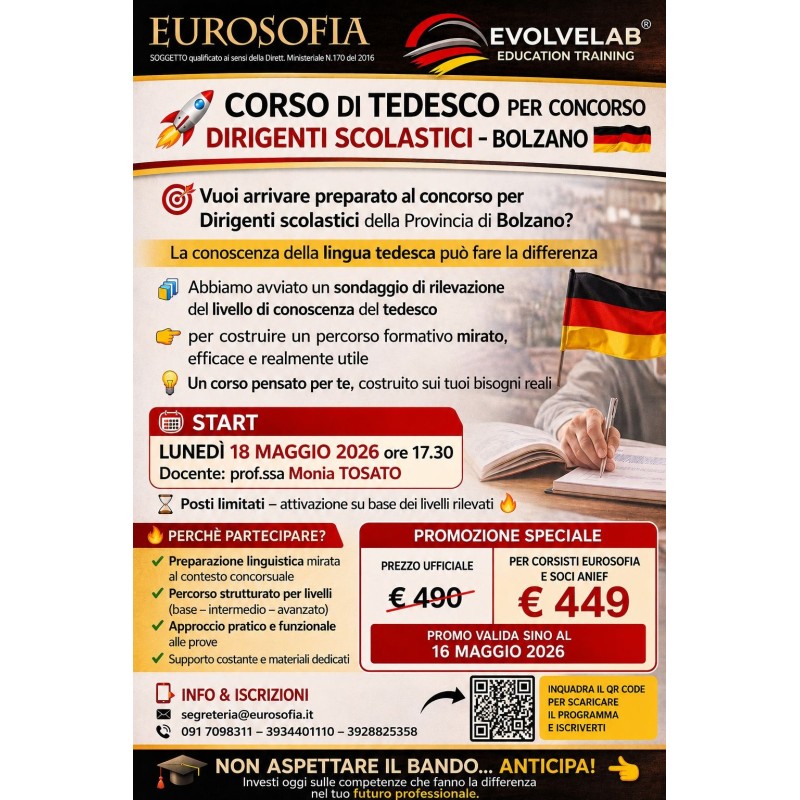 🇩🇪 CORSO DI TEDESCO PER CONCORSO DIRIGENTI SCOLASTICI – BOLZANO a cura di EUROSOFIA ed EVOLVELAB CENTRO STUDI & FORMAZIONE